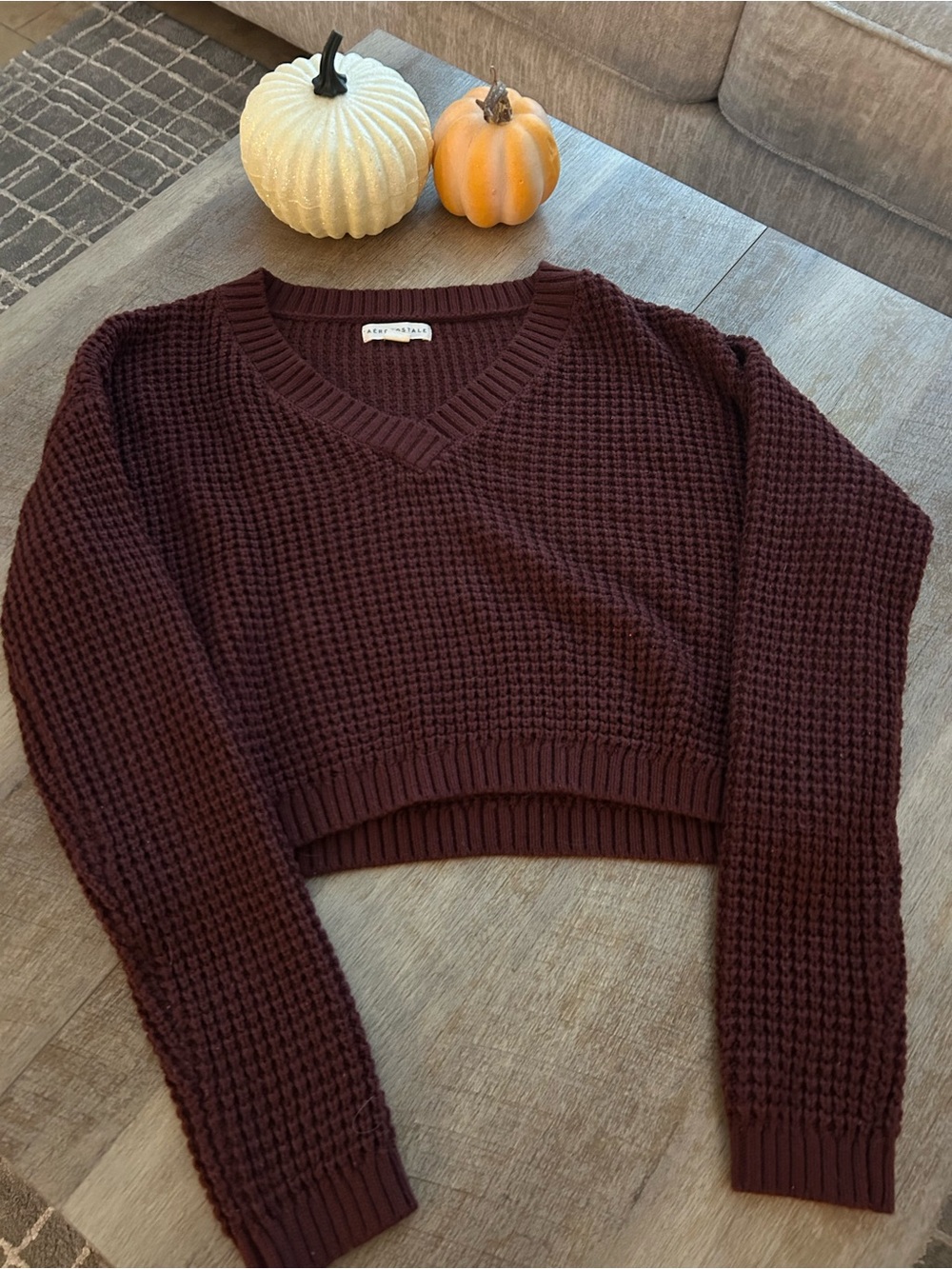 Aeropostale Women's V-Neck Cropped Waffle Knit Sweater - Deep Burgundy